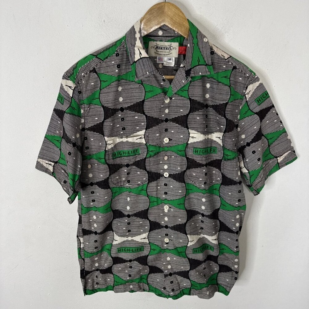 Monitaly Shirt Men M Made in USA High Life Print Camp Collar Button‎ Up Weekend